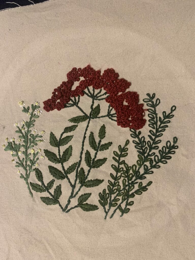 A final image of a simple embroidery project of flowers on canvas