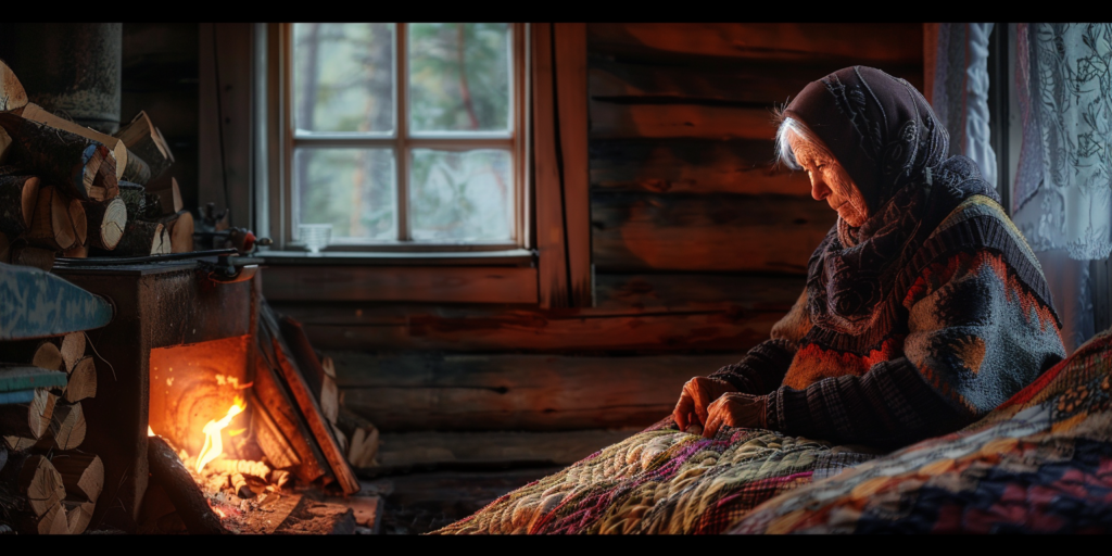 AI generated image of an old woman sitting in front of the fire quilting. Behind here is a window looking out to a snowy forest