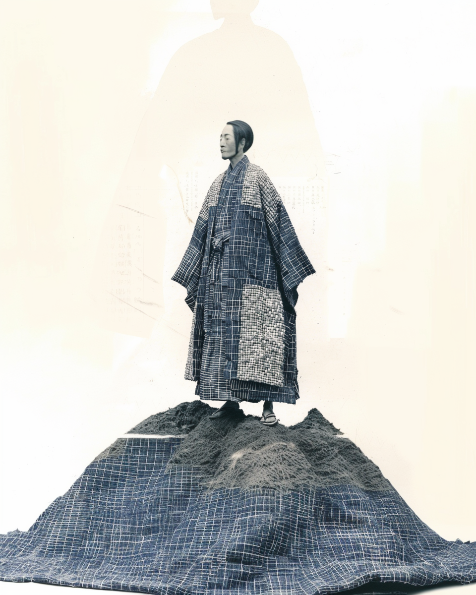 AI generated image of a meiji era japanese farmer wearing an oversized embroidered coat standing on a hill of dirt that morphs into embroidered indigo cloth