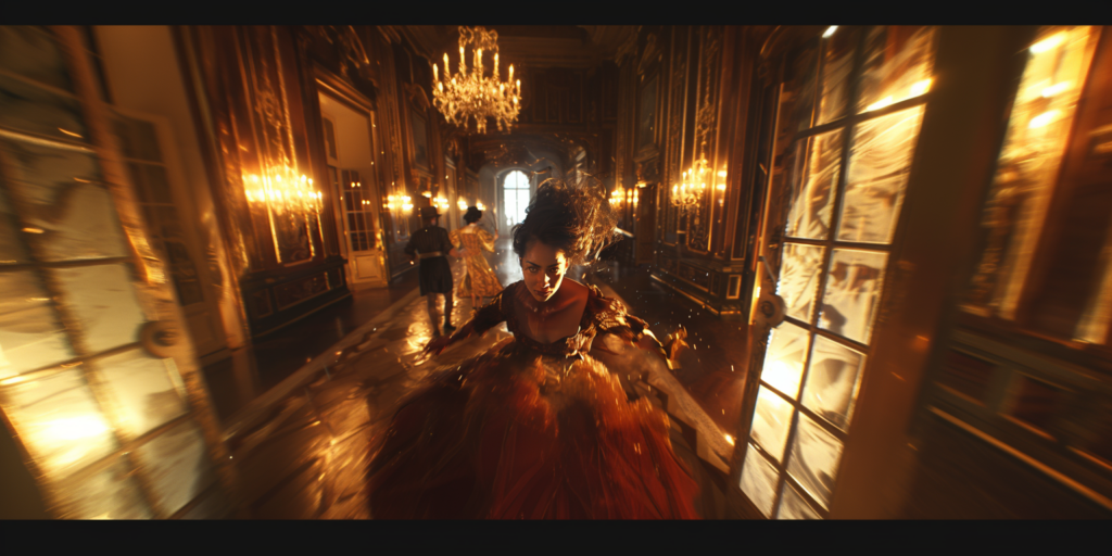AI generated image of a woman in a historical ball gown running through a candlelit hallway of a fine country estate