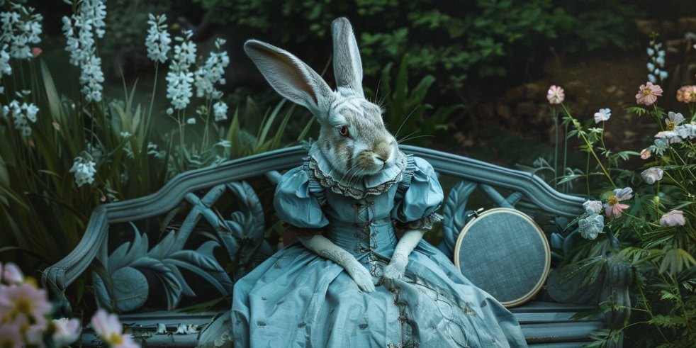 AI generated image of a rabbit dressed in something kinda resembling regency period dress sitting on a bench with an embroidery hoop next to her.