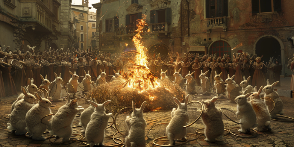 An AI image of a circle of rabbits throwing embroidery hoops onto a bonfire in the middle of a renaissance italian square