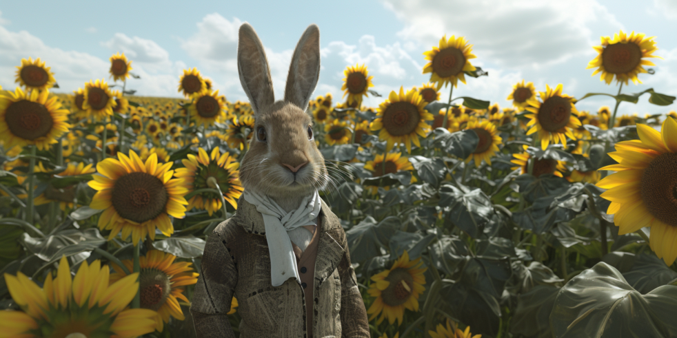 AI generated image of a rabbit wearing victorian working class clothing standing in the middle of a field of sunflowers