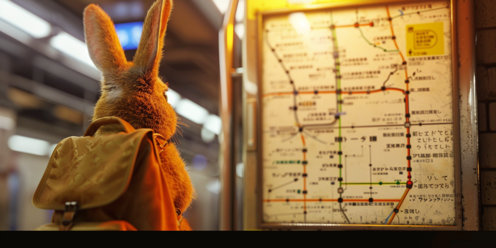 AI generated image of a rabbit wearing a backpack attempting to read a subway map written in japanese.