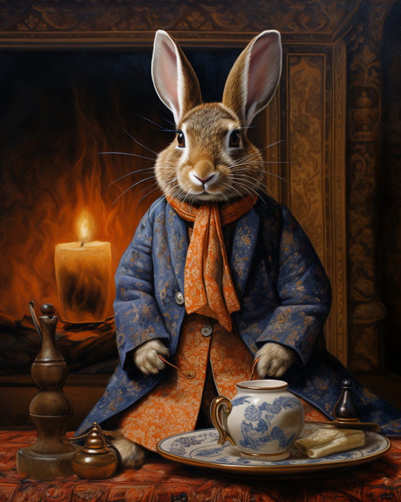 AI generated image of a rabbit dressed as a victorian gentleman in front of a white porcelain pot of tea
